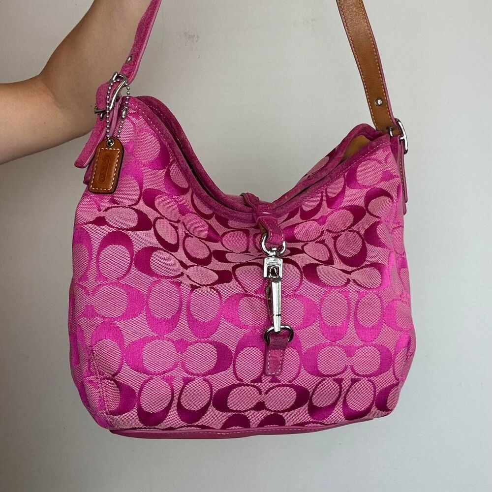 Coach Hamptons Vintage Y2K Pink Signature Canvas and Leather Hobo Bag Style 6845